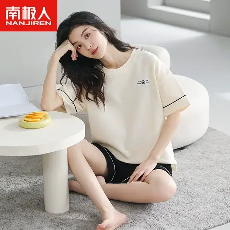 睡衣女夏季纯棉短袖薄款套装夏天圆领黑白配简约时尚华夫格可外穿商品大图