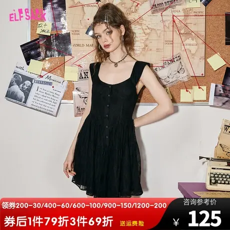 【商场同款】妖精的口袋黑色蕾丝吊带连衣裙女2023夏季新款小黑裙图片