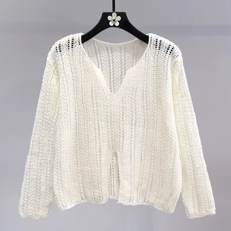 V领镂空开叉防晒针织衫女2023年早秋新款宽松高级感长袖薄款上衣图片