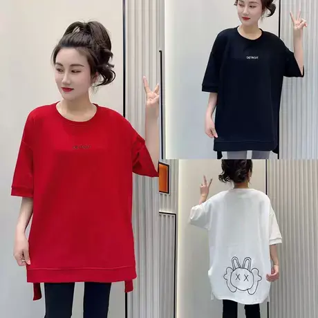 卡通印花短袖t恤女士中长款夏季2023新款时尚宽松字母休闲上衣商品大图