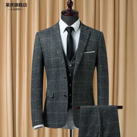 西服套装男士三件套韩版修身新郎结婚礼服英伦风复古格子西装套装图片