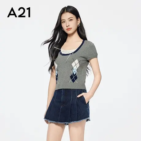 A21女装拼接花边圆领薄毛针织衫韩版菱形格短袖上衣小众气质商品大图