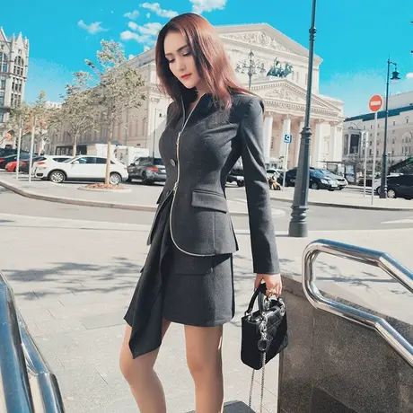 VJE早秋新款 时尚女裙套装显瘦修身休闲外套系带半身裙女商品大图