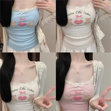 多巴胺可爱印花2024女夏季蕾丝花边u领甜辣妹性感修身紧身上衣图片