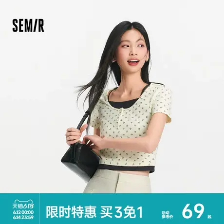 森马短袖T恤女短款蝴蝶结甜美2025夏季新款假两件紧身衣服小个子商品大图