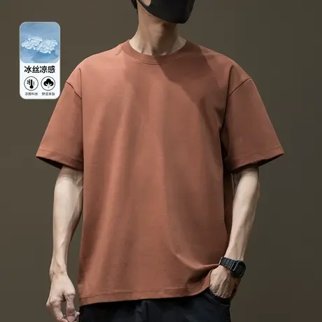 冰丝凉感基础款短袖T恤男2025夏季新款加肥加大胖子纯色半袖体恤商品大图