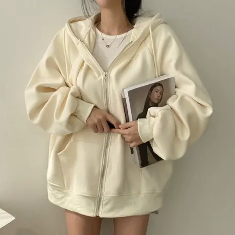 韩版chic大码简约薄款连帽卫衣开衫女潮ins慵懒风拉链外套上衣秋商品大图