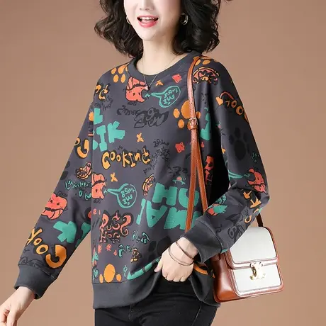 卫衣女春秋薄款加肥加大码女装宽松洋气印花休闲遮肚显瘦套头上衣商品大图