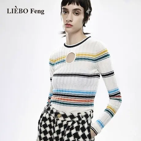 裂帛LIEBOFeng设计师品牌ins彩虹条纹修身盐系挖空复古文艺针织衫图片