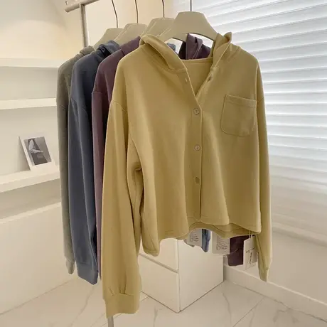 小个子短款连帽卫衣！春秋慵懒显白宽松显瘦短款紫色开衫小外套女商品大图