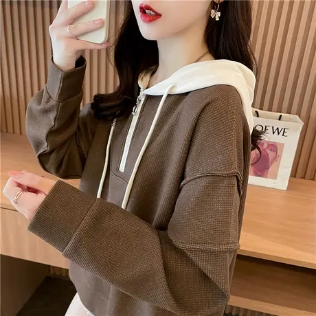 半拉链连帽卫衣女2023新款春秋季韩版宽松薄款撞色带帽华夫格外套图片