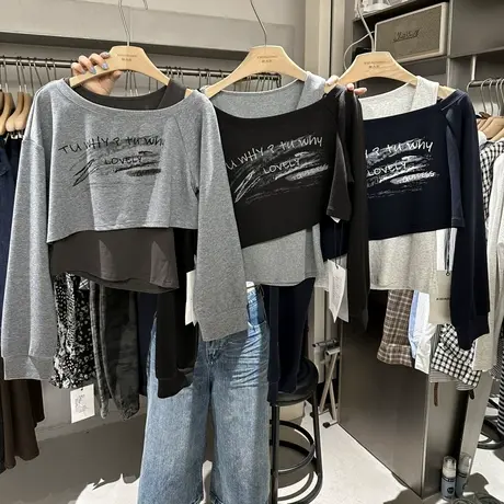 东大门早秋新款字母印花修身t恤女韩版时尚真两件设计百搭上衣ins商品大图