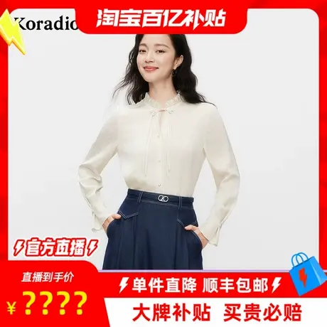 【百补穿搭馆】5春季新款优雅法式米白色蕾丝领蝴蝶结装饰长袖衬图片