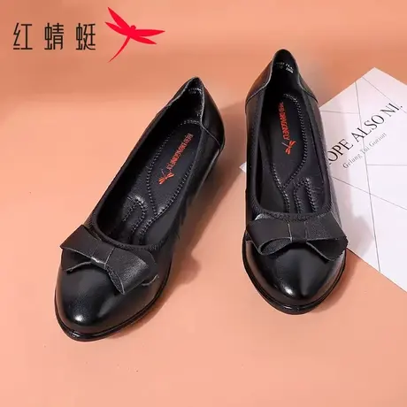 红蜻蜓女鞋春秋真皮圆头坡跟单鞋中年软底舒适老妈妈鞋奶奶鞋子女商品大图
