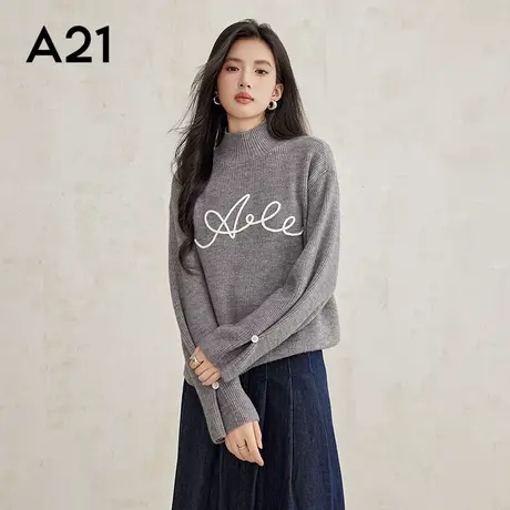 A21女装宽松高领落肩套头毛衫刺绣保暖针织衫毛衣上衣套头衫商品大图