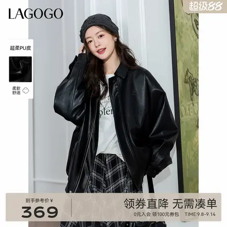 LAGOGO贝果风复古黑色外套女拉谷谷2025年秋季新款宽松柔软PU皮衣商品大图