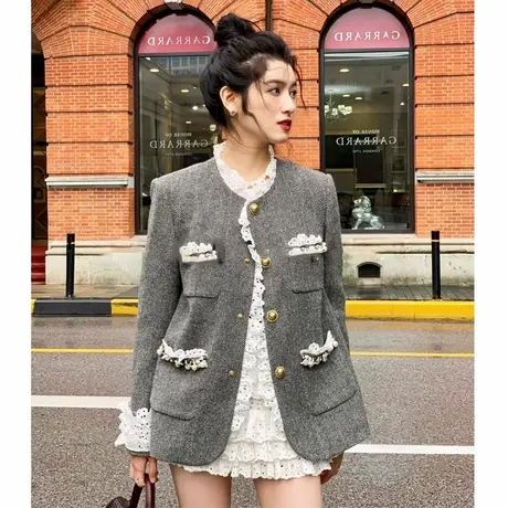 爵莱菲大码高定气质宫廷高级感女装羊毛呢蕾丝花边中长款大衣外套商品大图