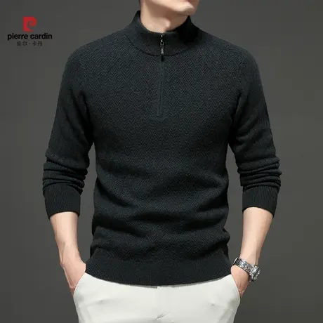 皮尔卡丹秋冬新款男士拉链半高领毛衣纯色商务休闲舒适长袖羊毛衫商品大图