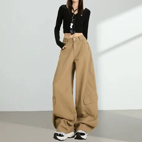 美式阔腿弯刀工装牛仔裤女秋季新款高腰宽松显瘦垂感运动拖地裤子商品大图