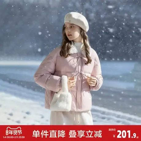 唐狮2026冬季女撞色仿羊羔绒翻领前胸绑带超短款棉衣可爱甜美少女图片