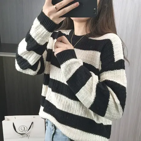 条纹针织衫春秋季2023新款慵懒风上衣宽松打底衫圆领毛衣套头外穿图片