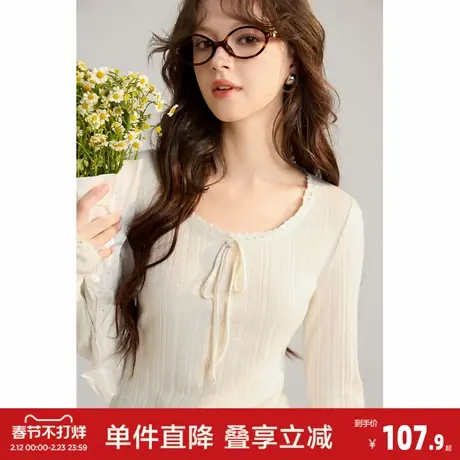 唐狮2026春季新款女肌理感长袖T恤修身上衣女士蕾丝气质早春上衣图片