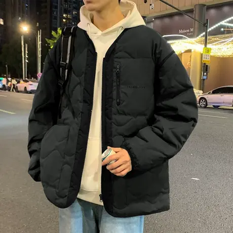 唐狮秋冬新款男羽绒服无领拉链青少年厚外套韩版宽松男装上衣TD商品大图