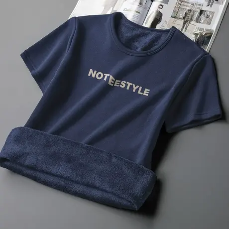 短袖t恤男士加绒加厚体恤上衣服修身潮流印花圆领半袖保暖打底衫商品大图