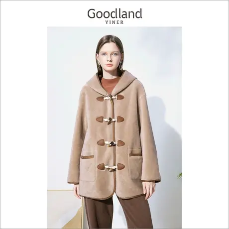 音儿美地女装2022冬季新款牛角扣连帽颗粒绒羊剪毛大衣外套图片