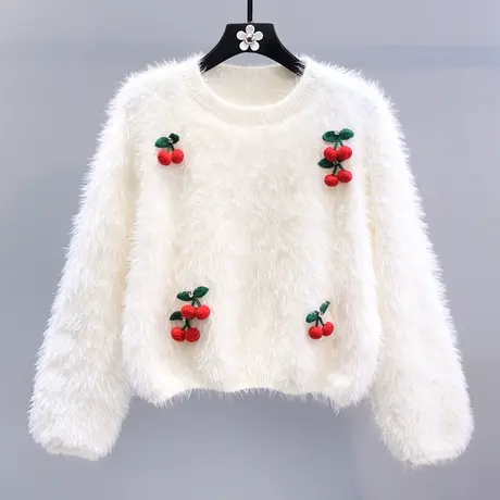 日系甜美立体樱桃毛衣女秋冬2023新款宽松外搭洋气减龄针织衫上衣商品大图