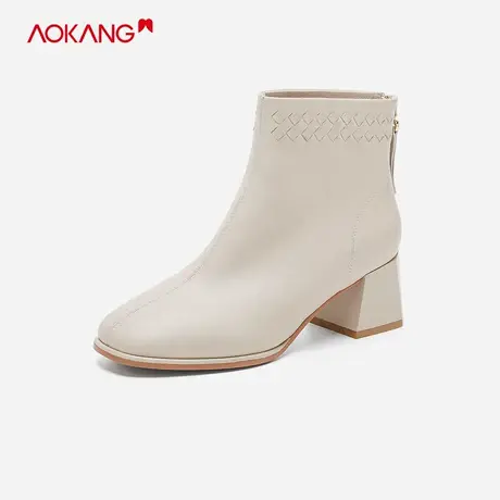 【门店发货】奥康女鞋 冬季款方头粗跟羊皮短靴英伦风时尚女靴商品大图