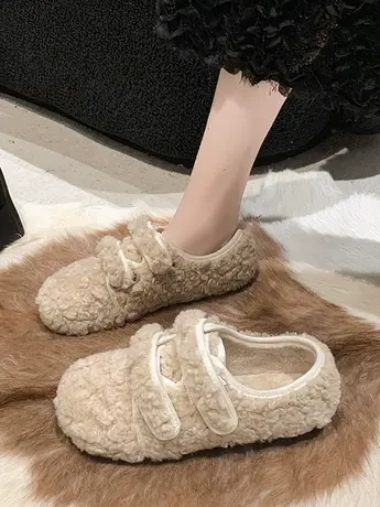 网红毛毛鞋女冬外穿2023秋冬新款百搭加绒保暖一脚蹬魔术贴豆豆鞋图片