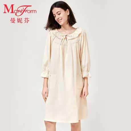 曼妮芬荷叶领泡泡七分袖裙装舒适纯棉家居服女士舒适睡裙20310705商品大图