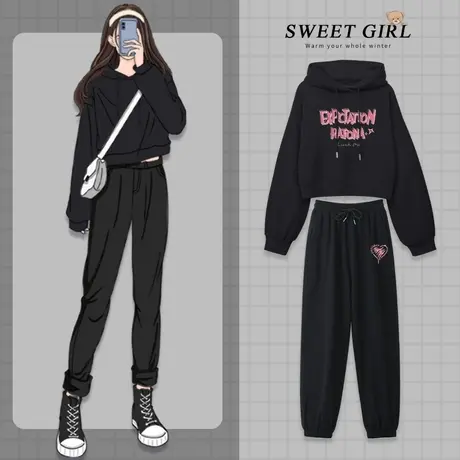 VR真维斯小个子秋装穿搭一整套春秋2023新款短款卫衣运动2件套装图片