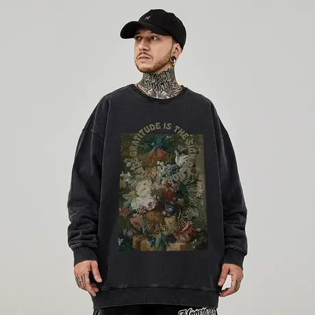 大码圆领美式重磅复古胖子男装潮流宽松水洗做旧卫衣加绒秋冬男款图片