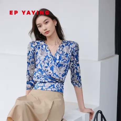 [真丝系列]EP雅莹女装 气质V领收腰长袖印花衬衫 商场同款2310A商品大图