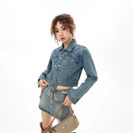 YEP美式辣妹风短款牛仔外套女2023新款春秋款复古甜酷夹克上衣ins商品大图