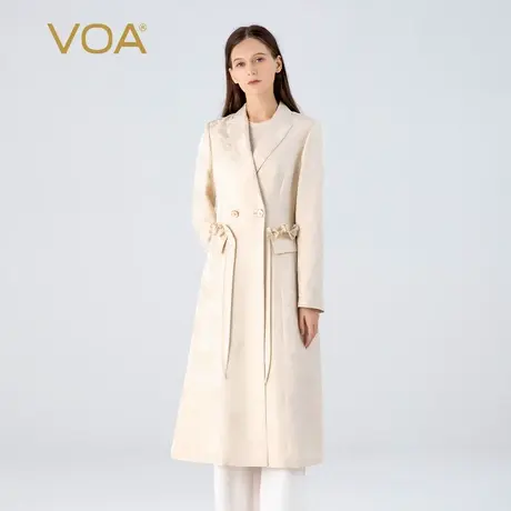 VOA38姆米重磅提花桑蚕丝西装领长袖通勤OL风中长款真丝风衣外套图片