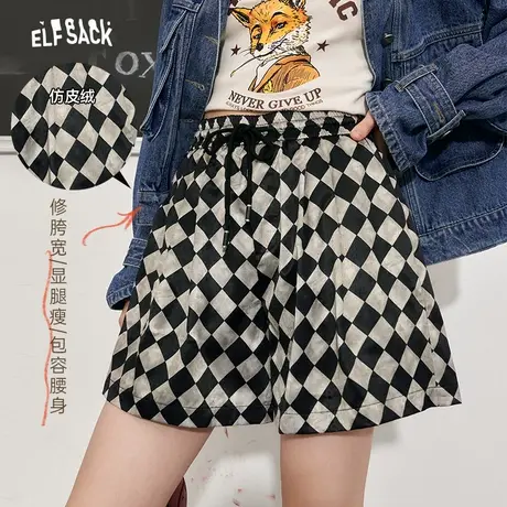妖精的口袋棋盘格宽松阔腿短裤女2024春秋新款高腰显瘦美式休闲裤商品大图