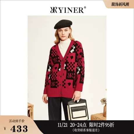 【中国红】YINER音儿专选女装冬季卡通格子提花毛衣针织开衫商品大图