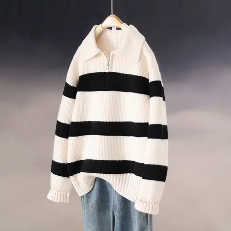 22090韩版宽松春季条纹针织衫套头长袖毛衣女士打底衫拉链上衣商品大图