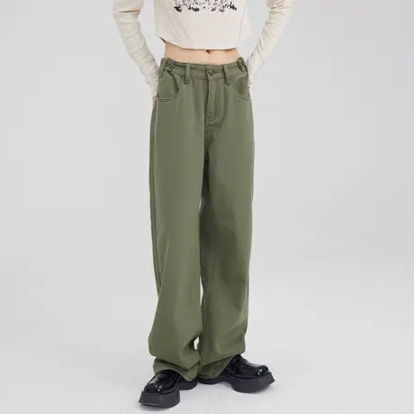 尔给秋季中腰直筒水洗绿色牛仔裤女2022年新款可调节宽松阔腿长裤图片