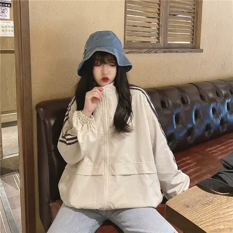 秋季韩版2021新款宽松条纹休闲风减龄拉链长袖短外套上衣女装学生商品大图