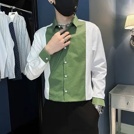秋季2023拼色潮流INS休闲长袖衬衫男秋装韩版痞帅发型师撞色衬衣商品大图