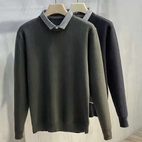 男士秋冬装上衣潮流假两件毛衣男条纹韩版修身加绒加厚条纹针织衫图片