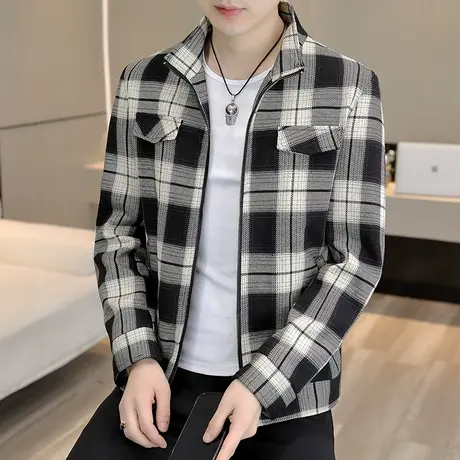 秋季格子夹克男士潮牌时尚立领拼色休闲男装上衣青年潮流帅气外套商品大图