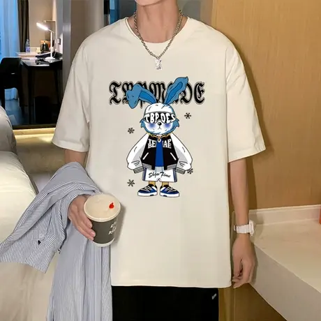 港风重磅短袖t恤男夏季潮牌男装2024新款打底衣服美式宽松体恤衫t商品大图