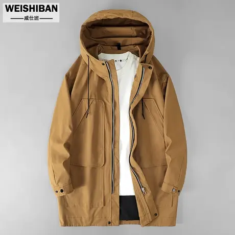 潮流工装中长款风衣男秋冬季连帽基础纯色多口袋宽松夹克长款外套商品大图