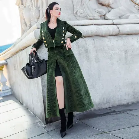 VJE欧美军绿色棉大衣中长款过膝秋冬新款大翻领收腰棉服外套商品大图