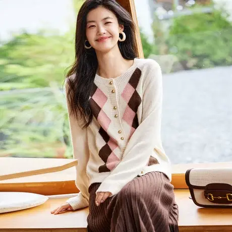 时尚气质毛衣开衫2023年秋季新款淑女温柔圆领宽松显瘦通勤上衣商品大图